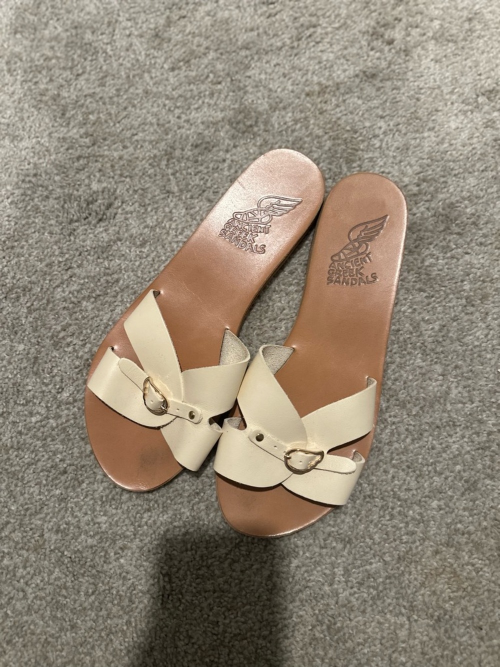 Ancient Greek Sandals Cream Leather Buckle Slide Sandals